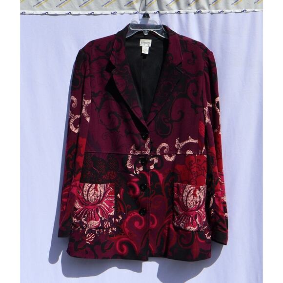 Beautiful CHICO'S Wine Black Paisley Scroll Lined Stretch Knit 2-Pkt Coat Wm's 2 - Picture 1 of 3